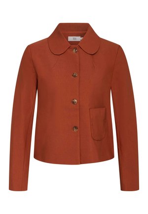 Rust-colored jacket with a pointed collar, five front buttons, a single patch pocket, and long sleeves. Made of smooth, textured fabric.