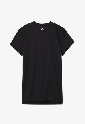 Tricou negru cu mânecă scurtă, fabricat dintr-un material moale, cu guler rotund și o croială standard. Fără modele sau accente vizibile.