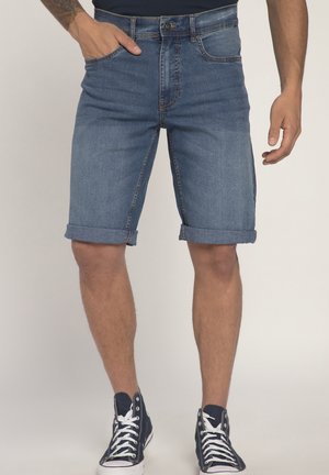 Denim shorts, mid-blue, featuring a straight cut, rolled cuffs, front pockets, and a silver button closure. Textured cotton material.