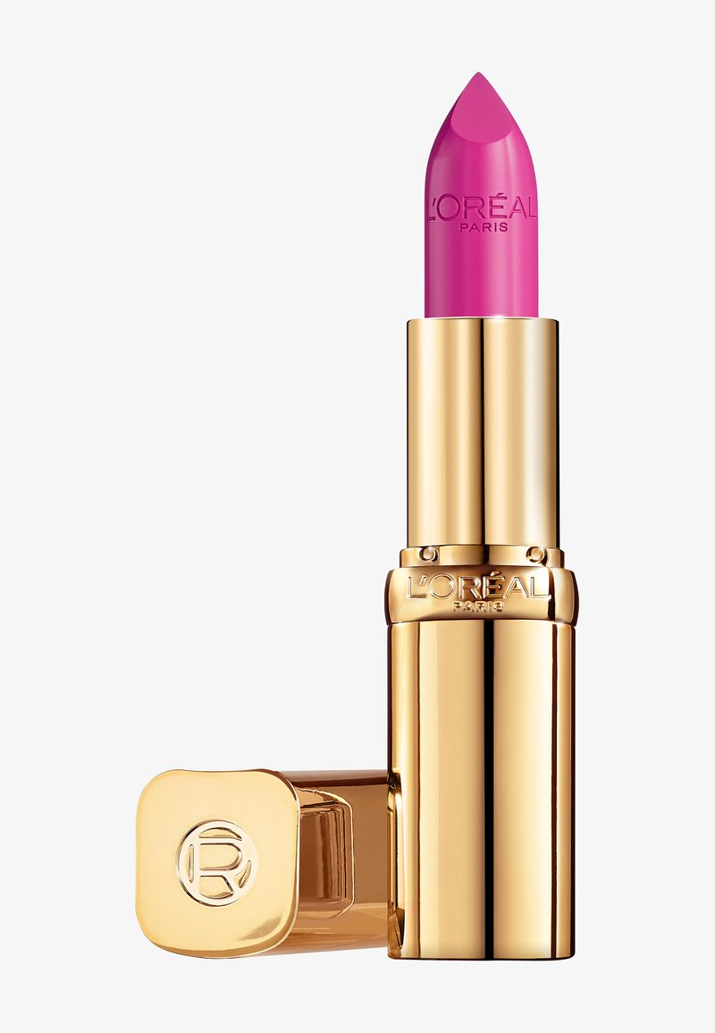 Bright pink L'Oréal Paris lipstick with shiny gold tube and cap, cap placed beside the upright lipstick on a white background.