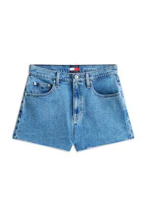 Shorts en denim bleu avec fermeture à boutons et fermeture éclair à l'avant, passants pour ceinture, et petite poche avant ornée d'un discret patch logo.