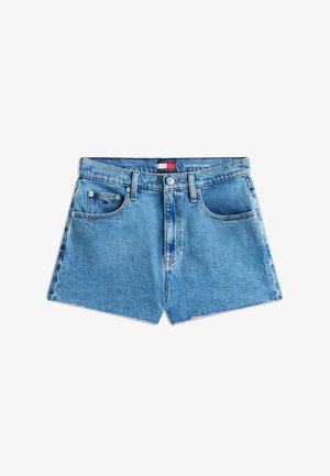 Sinised teksapüksid, millel on ees nööp ja lukk, vööaasad ning väike eesmine tasku, millel on peen logo.