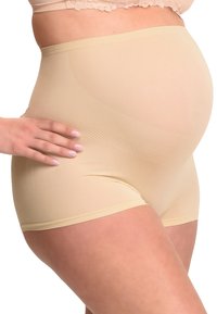 Shorts premaman beige modellanti realizzati in materiale morbido e elasticizzato. Presentano una vita alta con texture a costine e una morbida cintura.