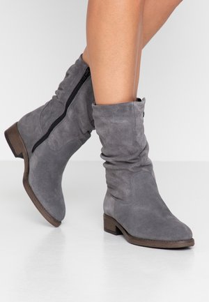Benedenbenen met grijze suède laarzen tot halverwege de kuit met zwarte ritssluitingen aan de zijkant en lage houten hakken, op een witte ondergrond.