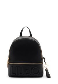 Schwarzer Leder-Rucksack mit runder Form, goldener Reißverschluss, eingeprägtem "LIU·JO"-Logo und einem dekorativen Sternen-Anhänger mit Quaste.