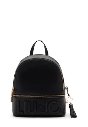 Mustat nahkareput pyöreällä muodolla, kultaketjulla, kohokuvioidulla "LIU·JO" logolla ja koristeellisella tähtihelalla, jossa on tupsu.