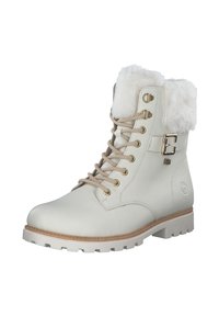 Botín de cuero blanco hasta el tobillo con cuello de piel sintética, cordones beige, acentos de metal dorado y suela rugosa para tracción.
