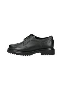 Schwarze Leder Schnürschuhe mit runder Zehenform, dekorativen Nähten und einer robusten Gummisohle für den Halt. Glatte Oberfläche.