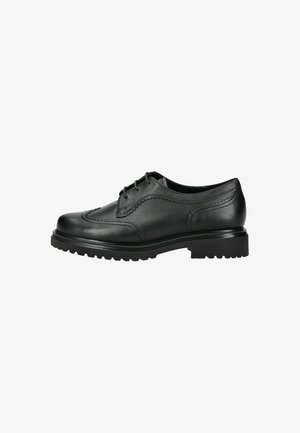 Chaussure en cuir noir à lacets avec un bout rond, des coutures décoratives et une semelle en caoutchouc robuste pour une bonne traction. Texture lisse.
