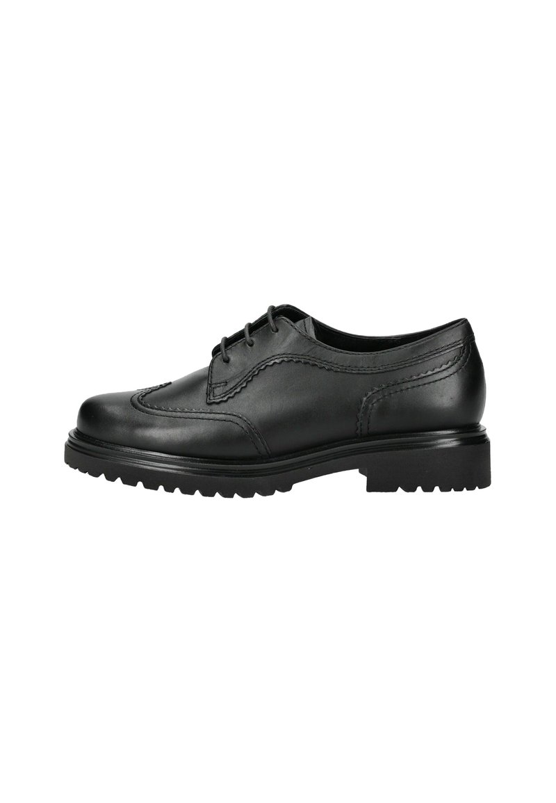 Schwarze Leder Schnürschuhe mit runder Zehenform, dekorativen Nähten und einer robusten Gummisohle für den Halt. Glatte Oberfläche.