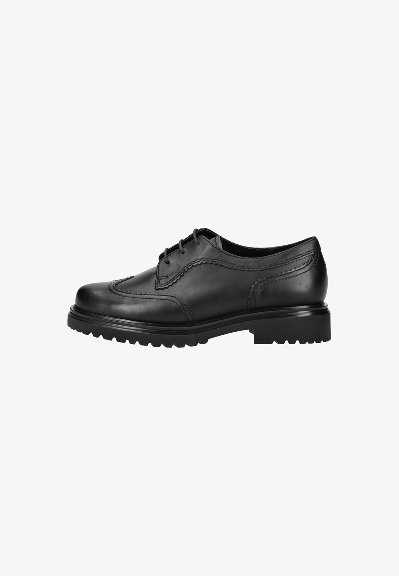 Schwarze Leder Schnürschuhe mit runder Zehenform, dekorativen Nähten und einer robusten Gummisohle für den Halt. Glatte Oberfläche.