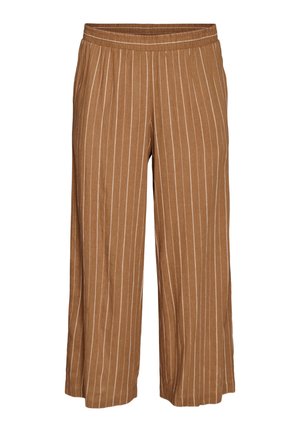 Pruunid laia säärega püksid valgete vertikaalsete triipudega ja elastse vöökohaga, lühendatud pikkus.