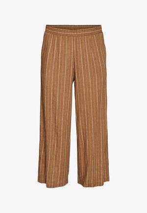 Braune weit geschnittene Hose mit weißen vertikalen Nadelstreifen und elastischem Bund, verkürzte Länge.