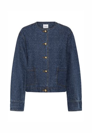 Jachetă din denim albastru cu pete, cu guler rotund, cinci nasturi aurii în față și două buzunare aplicate frontale.