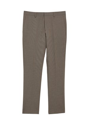 Bruine, op maat gemaakte rechte broek met riemlussen en zijzakken, getoond op een witte achtergrond.