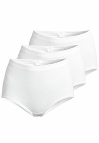 White cotton brief underwear, featuring a high-waisted design, smooth texture, and elastic waistband. Set of three pieces.