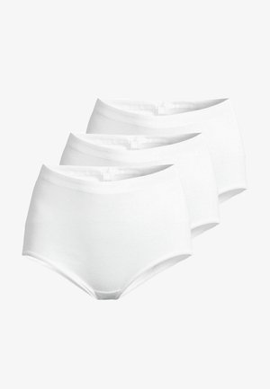 White cotton brief underwear, featuring a high-waisted design, smooth texture, and elastic waistband. Set of three pieces.