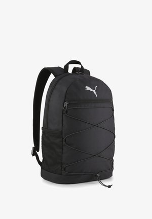 Černý batoh z odolné látky, s přední kapsou na zip, síťovanou boční kapsou a designem s bungee kabelem na přední straně.