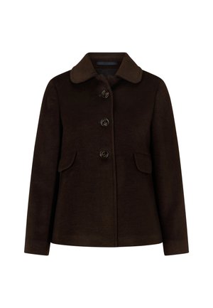 Bruine wolblend jas met een ronde kraag, sluiting met vier knopen aan de voorkant en twee zijzakken. Zachte textuur en gestructureerde silhouet.