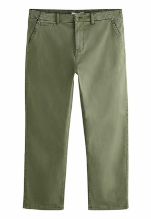 Men’s olive green straight-leg casual pants with front pockets and button closure at the waist.