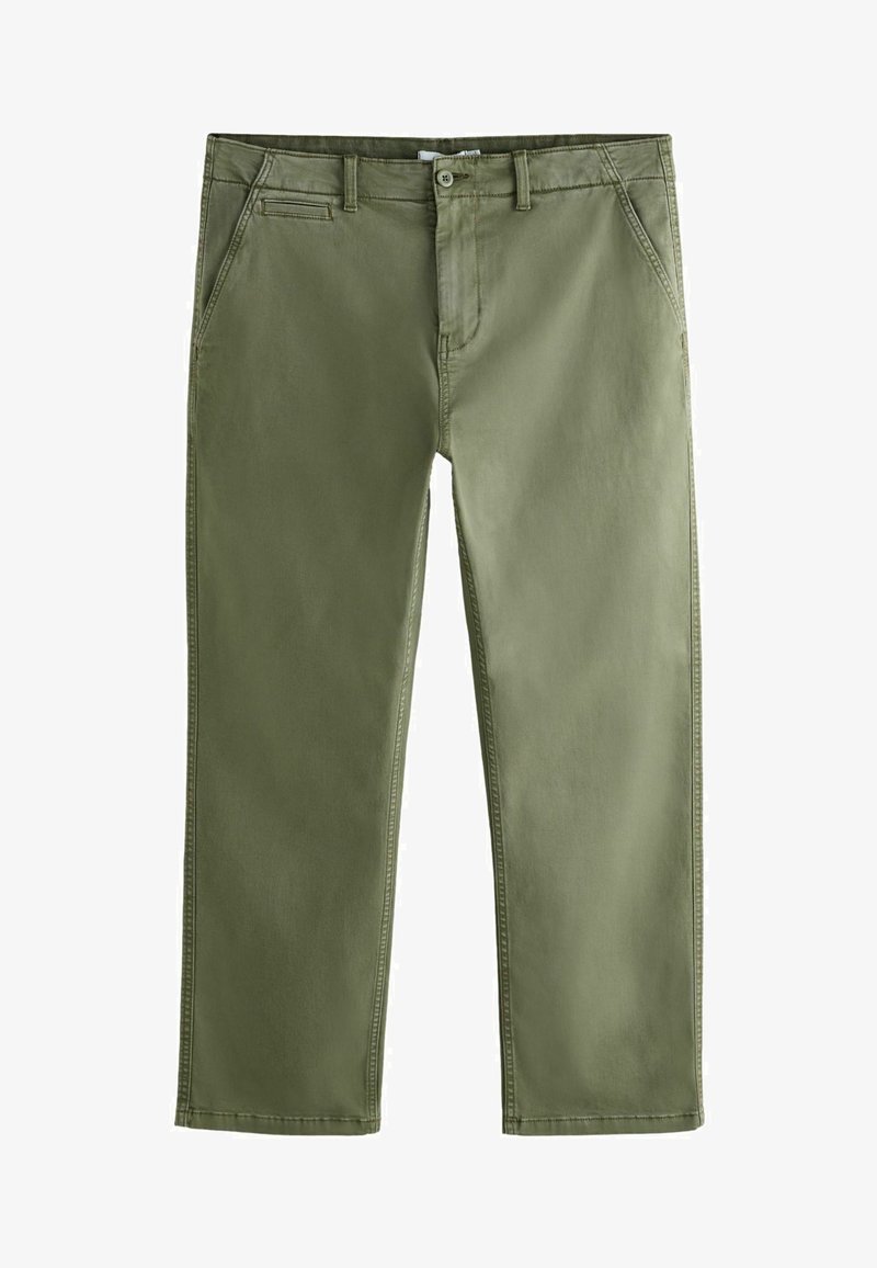 Pantalon décontracté pour homme, coupe droite, vert olive, avec poches avant et fermeture bouton à la taille.