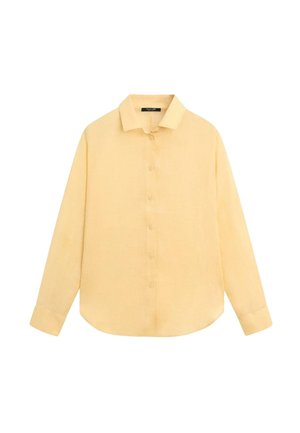 Langærmet lysegul skjorte med krave og manchetter, vist fladt på en hvid baggrund.