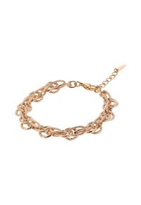 Guldtonet metalarmbånd med snoede rebforbindelser, der har en lobsterlås og en justerbar kæde for længdevariation.