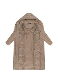 Beige pufferjack, geïsoleerd met een rits aan de voorkant, capuchon en drukknoopsluitingen. Bevat twee binnenzakken en logo-details langs de kraag.