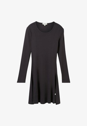 Black ribbed long-sleeve dress with a round neckline and slight flare at the hem, displayed on a white background.