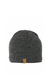 Knit beanie in dark gray with a textured pattern; features a small leather logo tag on the side. Soft, stretchy material for comfort.