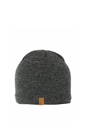 Knit beanie in dark gray with a textured pattern; features a small leather logo tag on the side. Soft, stretchy material for comfort.