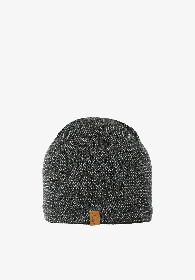Knit beanie in dark gray with a textured pattern; features a small leather logo tag on the side. Soft, stretchy material for comfort.