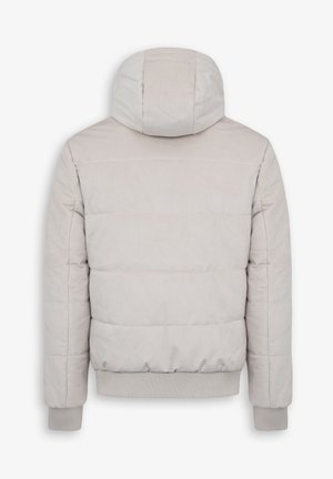 Chaqueta tipo abrigo en beige claro con capucha ajustada. Presenta un patrón de acolchado horizontal, puños acanalados y dobladillo para mayor calidez.