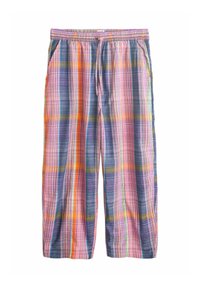 Bukser med løs pasform og flerfarvet ternet mønster i orange, pink, blå og grøn, med elastik i taljen og snøre.