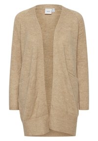 Beige kötött kardigán, nyitott elülső résszel, két elülső zsebbel és hosszú ujjakkal, puha tapintású, laza szabással.