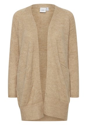 Beige stickad kofta med öppen front, två framfickor och långa ärmar, med en mjuk textur och en avslappnad passform.