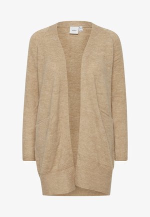 Beige gebreide cardigan met een open voorkant, twee voorzakken en lange mouwen, met een zachte textuur en een ontspannen pasvorm.