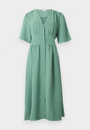 Green midi dress with short puff sleeves, V-neckline, button-down front, and fitted waist detail.