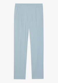 Pantaloni intrecciate di colore azzurro chiaro con vita elasticizzata, dotati di due tasche laterali e design a gamba dritta. Texture liscia, senza motivi visibili.