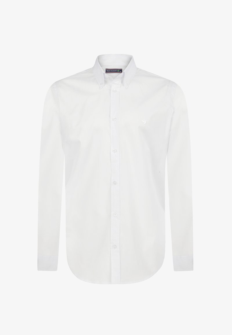 Weißes Langarmhemd aus glattem Baumwollstoff mit einem Kentkragen, einer durchgehenden Knopfleiste und einem kleinen, auf der Brust gestickten Logo.