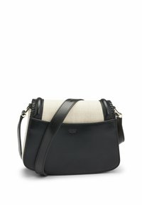 Borsa a tracolla realizzata in pelle nera e tela beige, con chiusura a zip, tracolla regolabile e logo impresso sul davanti.