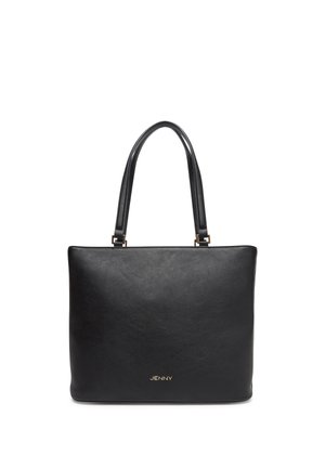 Schwarze rechteckige Ledertragetasche mit zwei langen Henkeln und goldener „JENNY“-Markierung vorne in der Mitte.