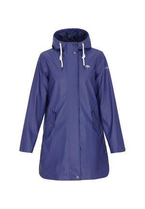 Lilla vandtæt jakke med hætte, snøre, trykknapper og to frontlommer. Glat tekstur med foret inderside.