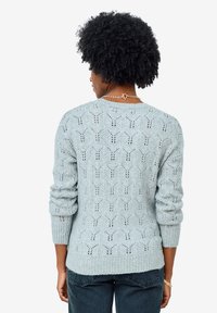 Hellblauer, gestrickter Pullover mit einem strukturierten Muster, der lange Ärmel und einen gerippten Saum hat. Das Material wirkt weich und leicht.