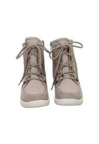 Pair of beige high-top winter boots with laces tied in bows and side zippers, shown from the front on a white background.