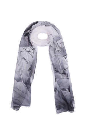 Sciarpa trasparente con un design floreale in bianco e nero, dalle texture morbide e dalla forma fluida, ideale per essere indossata a strati o per accentuare gli outfit.