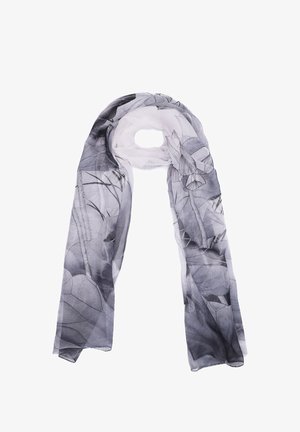 Sciarpa trasparente con un design floreale in bianco e nero, dalle texture morbide e dalla forma fluida, ideale per essere indossata a strati o per accentuare gli outfit.