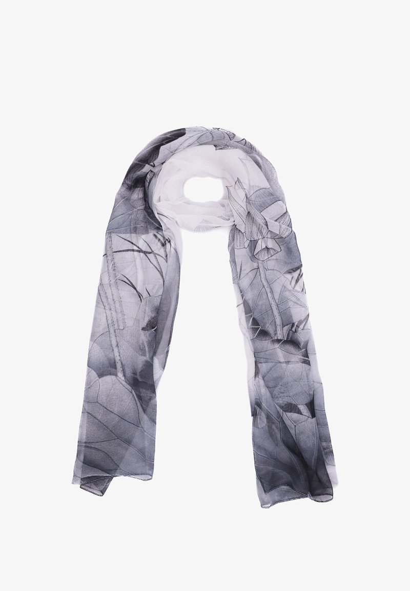 Sciarpa trasparente con un design floreale in bianco e nero, dalle texture morbide e dalla forma fluida, ideale per essere indossata a strati o per accentuare gli outfit.