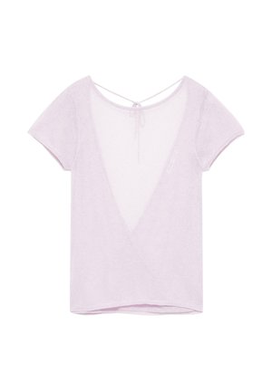 Haut à manches courtes violet clair avec un col en V profond et un détail de lacets croisés dans le dos.