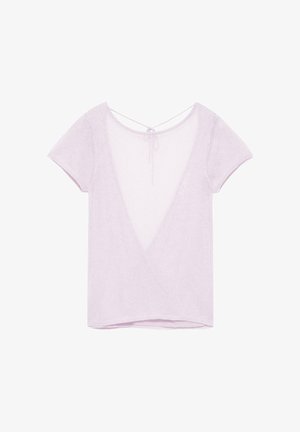 Haut à manches courtes violet clair avec un col en V profond et un détail de lacets croisés dans le dos.